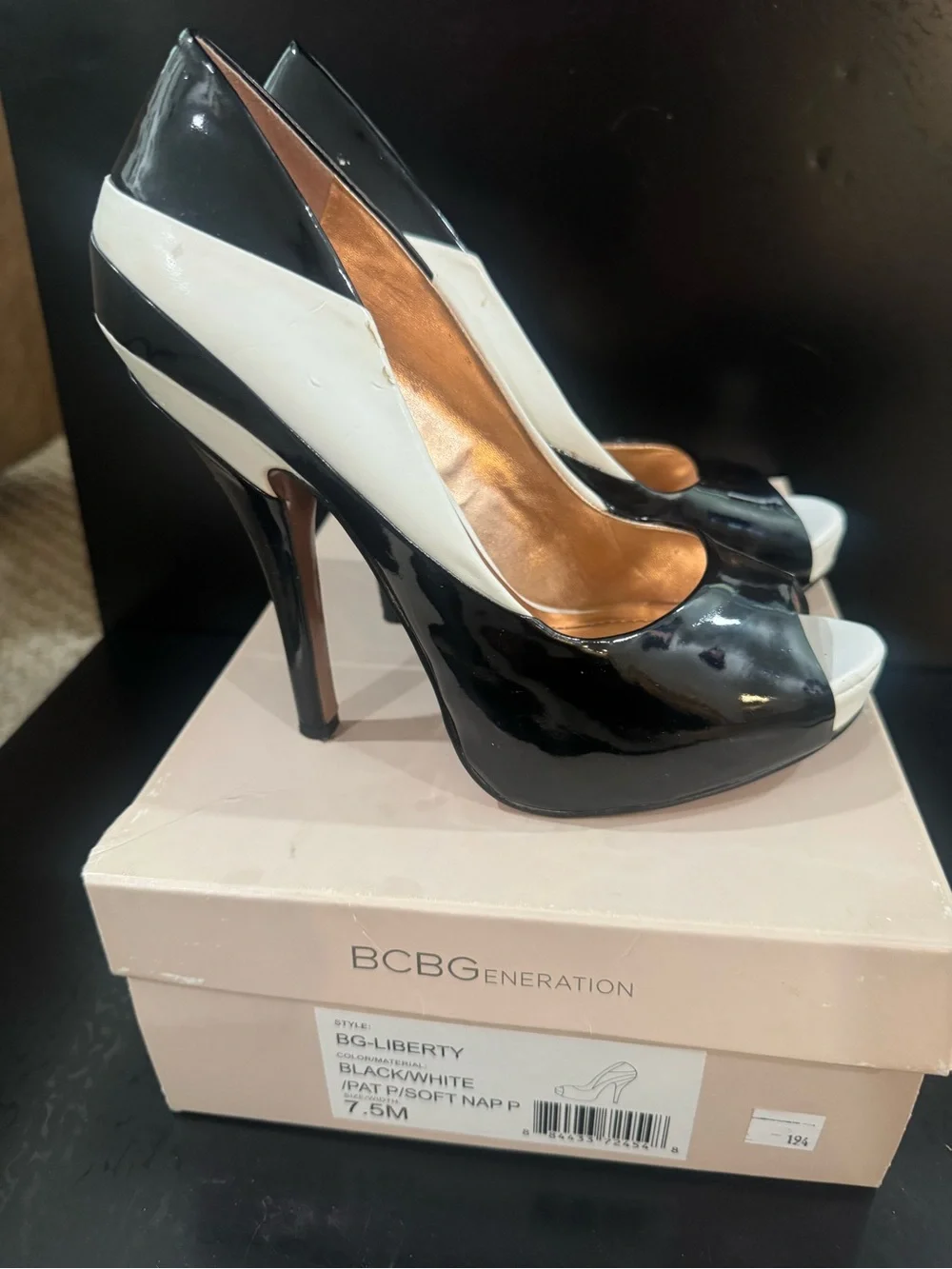 BCBGeneration Black and White Peep-Toe Platform Pumps